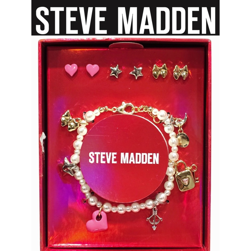 Steve Madden Pearl Charm Bracelet & Trio Earring Set
